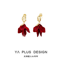 安可拉红耳饰适合过年新年红色玫瑰花朵耳环气质蚊香盘耳夹无耳洞