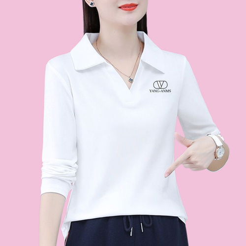 2025 autumn long-sleeved T-shirt for women, fashionable, age-reducing, loose, large size, middle-aged mother wear, lapel bottoming shirt, top clothes