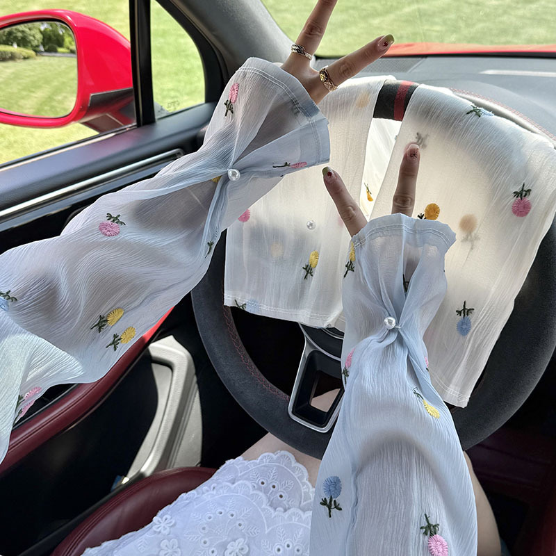 Mangas de hielo, mangas de protección solar, nuevas flores bordadas, mangas acampanadas sueltas, hebilla de perlas, mangas de hielo, mangas de seda de hielo, mangas de seda de hielo, mujeres