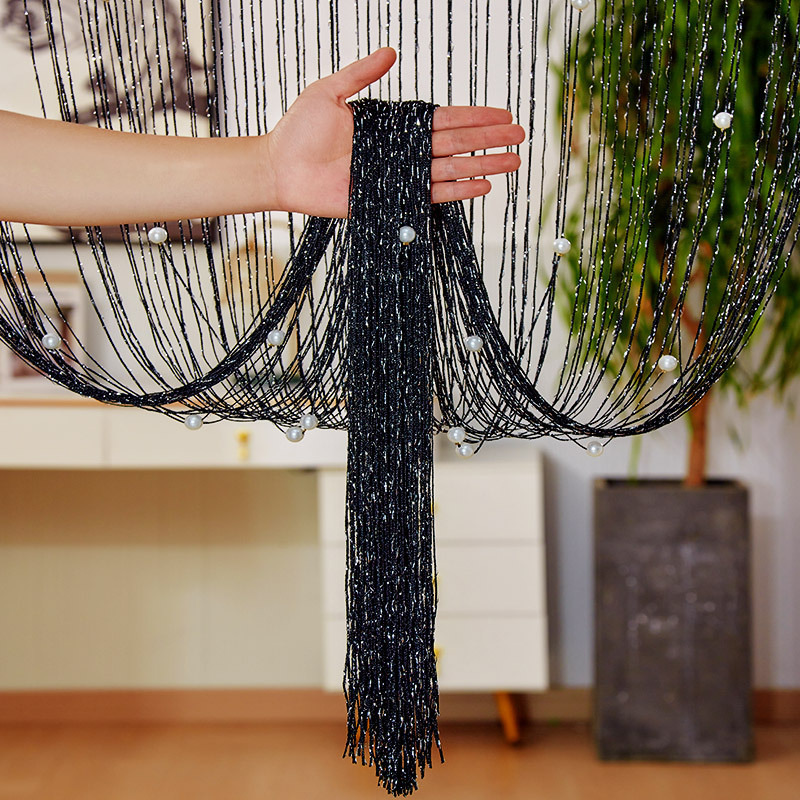 Cross-border bestseller: Silver curtain with faux pearls, 100*200cm decorative door curtain, string curtain with tassels, partition curtain, hanging curtain