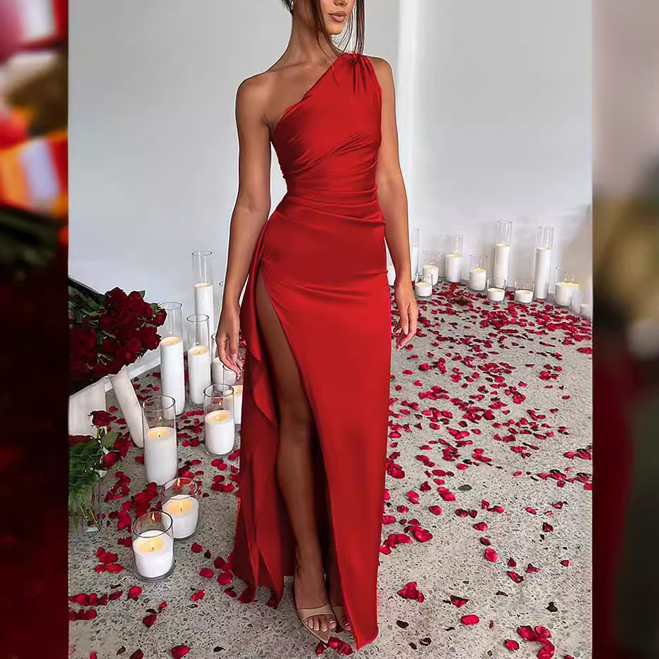 Otoño e invierno europeo y americano Comercio exterior nueva ropa de mujer Amazon sin mangas cabestrillo cuello dama de honor vestido sin espalda delgada vaina