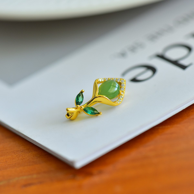 HAs925银镶和田碧玉水滴花形胸针青海玉石手工礼物男女女款新款古