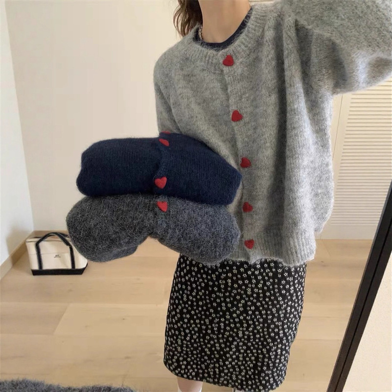 高级感爱心扣子毛衣外套女春季宽松奶fufu黄色针织开衫圆领上衣|undefined