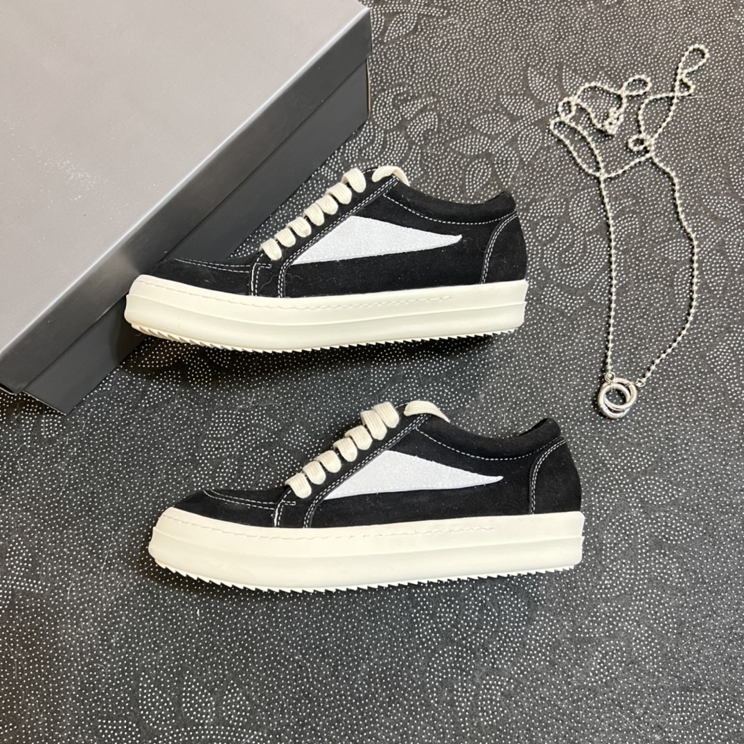 2024 Novo RO couro genuíno cano baixo com sola grossa, cadarço preto e branco, sapatos casuais escuros de rua para ambos_voghion.com