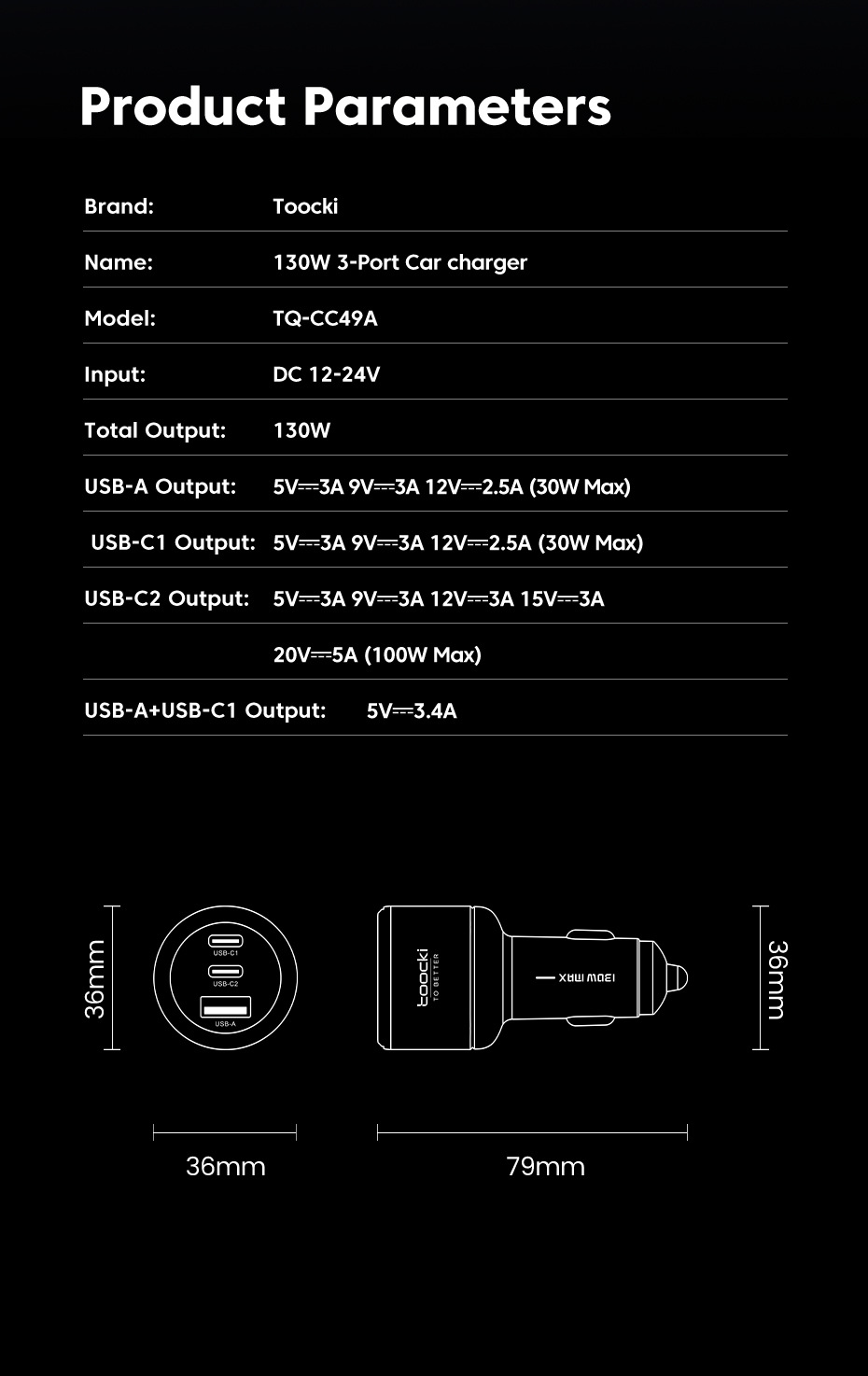 Toocki 150W Car Mobile Phone Charger 130W Car Charger Ice Blue Light 90W Laptop Fast Charger