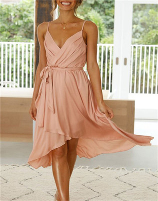 欧美跨境性感女装2021夏季亚马逊纯色无袖不规则露背吊带连衣裙女|ms