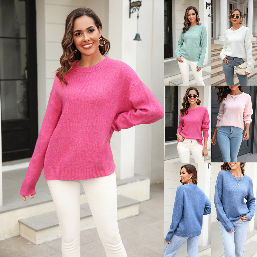 2023 otoño e invierno nuevo europeo y americano Comercio exterior transfronterizo simple suéter color sólido todo partido suéter camisa de fondo image 1