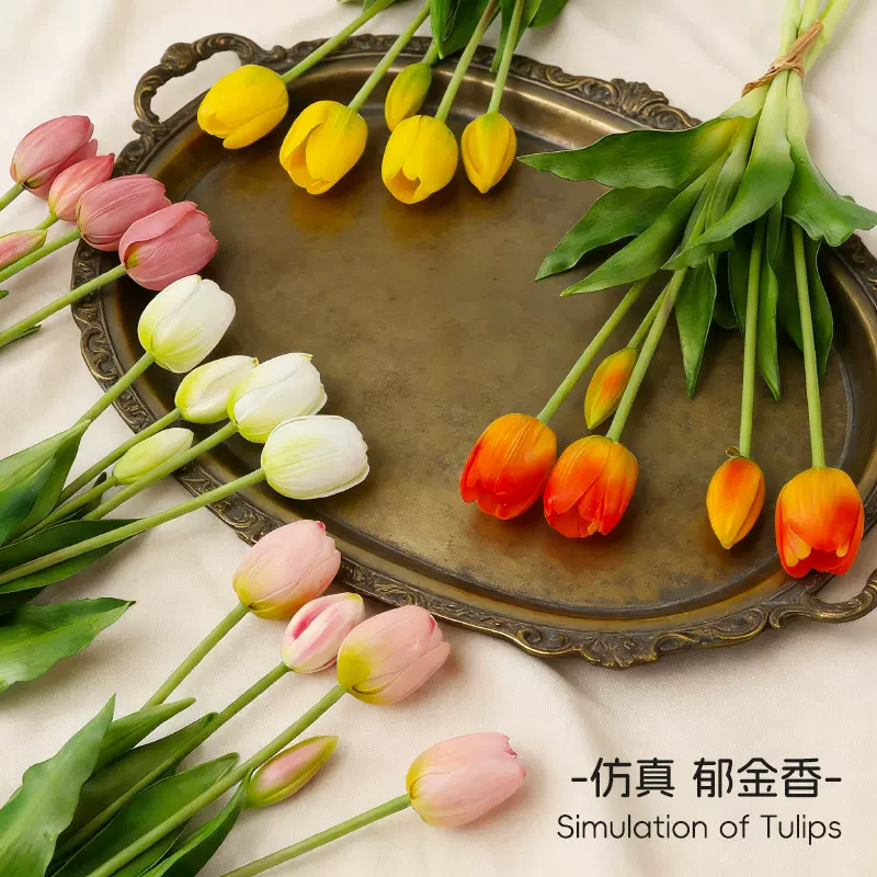 仿真花保湿手感5头郁金香仿真软胶郁金香花束PE乳胶硅胶郁金香花