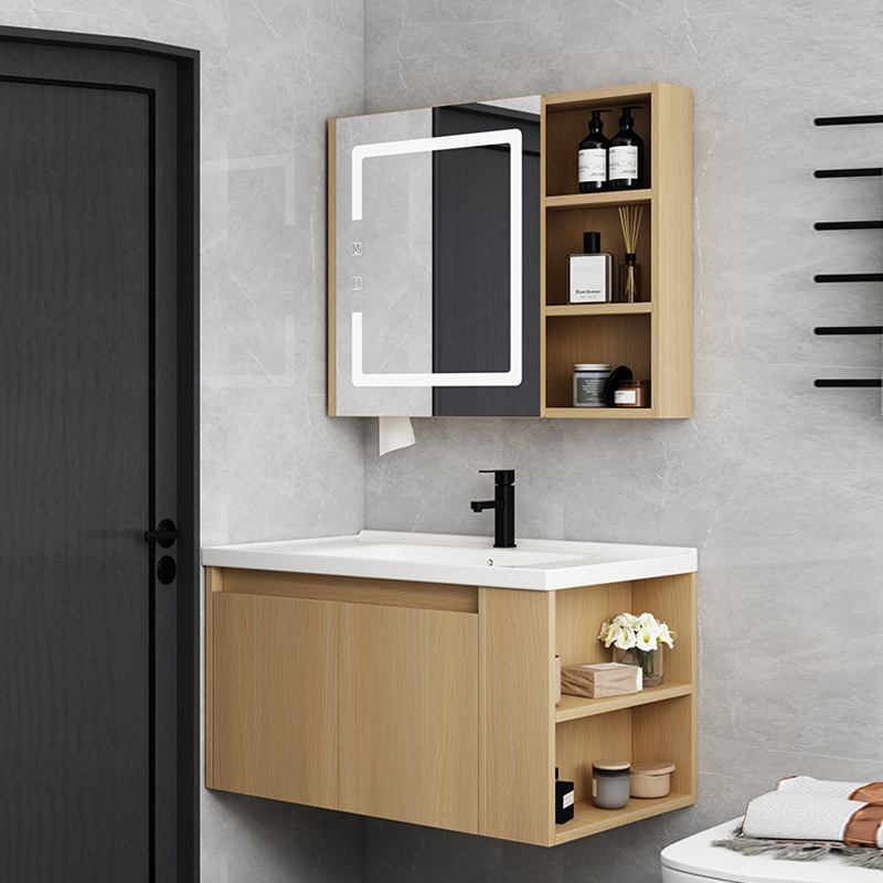 Mueble de baño de madera maciza lavabo de baño combinación de gabinete de cerámica cuenca integrada Lado de almacenamiento lavado cara inteligencia