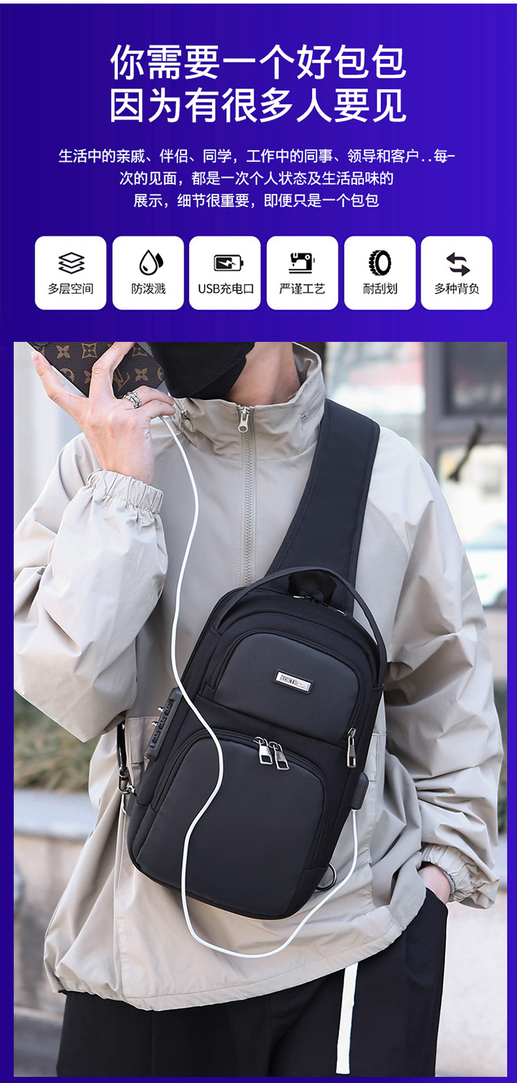 New single-shoulder crossbody bag, men's casual travel bag, simple chest bag, multi-functional waterproof password lock, anti-theft small backpack Application Scenario