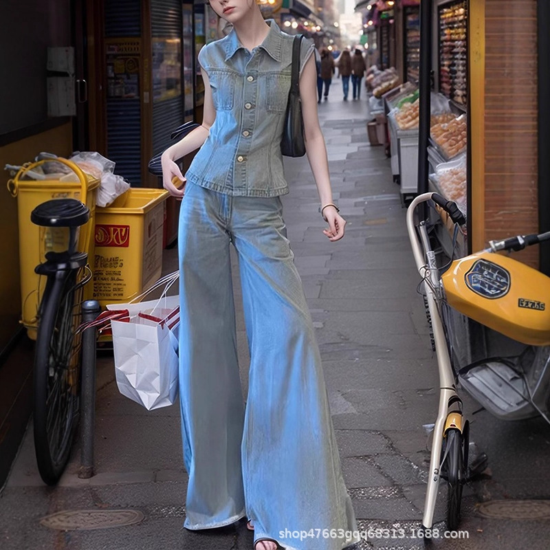 Blue Denim Waist-Cinching Vest 2025 Spring and Summer New Niche Faded Light High-Waisted Flared Raw Edge Wide-Leg Pants Set