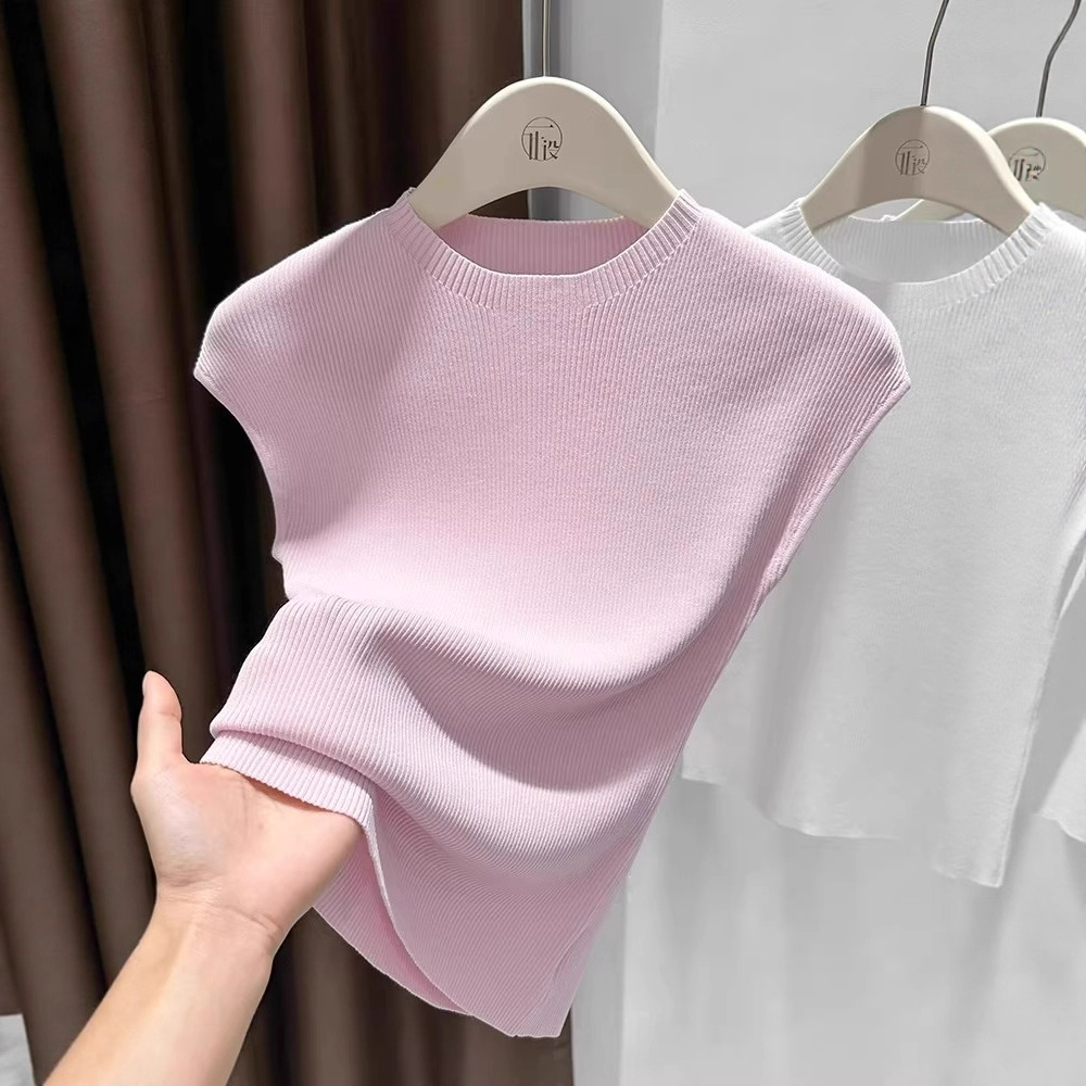 Women's Slim-Fit Short Sleeve Top Ice Silk Cropped Tee Soft Stretchy Casual Shirt for Summer with Flutter Sleeves_ecoleips.com