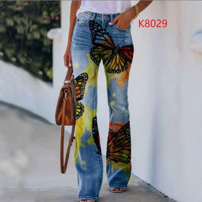 2026 Cross-Border Foreign Trade Amazon Independent Site European and American Plus-Size Butterfly New Style Thin Imitation Denim Flared Pants 2026 Cross-Border Foreign Trade Amazon Independent Site European and American Plus-Size Butterfly New Style Thin Imitation Denim Flared Pants