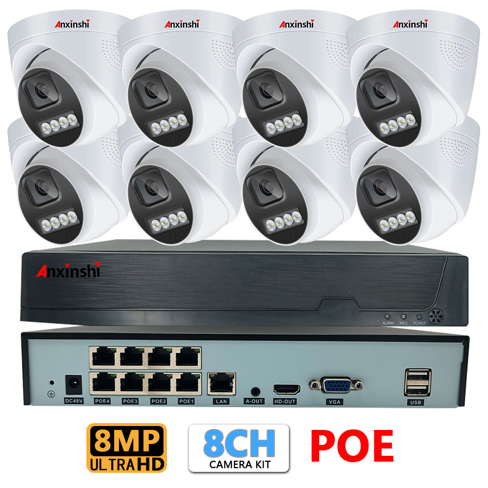 8-Channel Camera Kit Full-Color Ip Cctv Poe Cameras with Remote Monitoring and Playback Via App