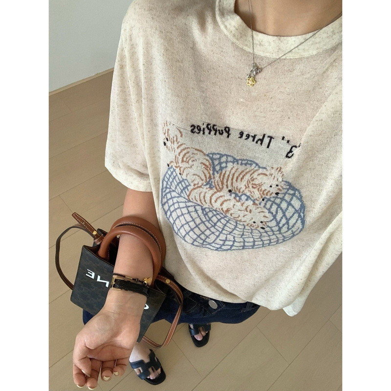 Xfystyle_Cartoon Pattern Tencel Linen Short-Sleeved Knitwear Women's Summer Round Neck Loose Casual Versatile Top Xfystyle_Cartoon Pattern Tencel Linen Short-Sleeved Knitwear Women's Summer Round Neck Loose Casual Versatile Top