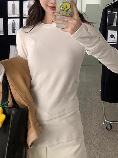韩系不规则灰色长袖T恤内搭女早秋季别致chic打底假两件开叉上衣|undefined