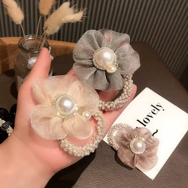 Cross-border socialite camellia hair rope hair rope juicy yarn flower girl handmade rubber band hair ring beads hair accessories