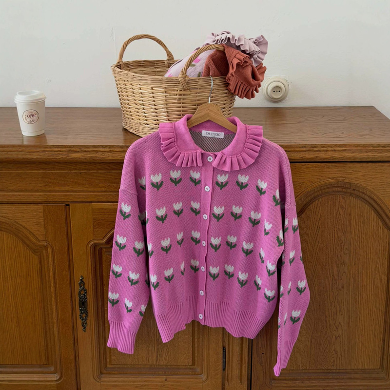 French-Style Sweet Tulip Jacquard Knit Cardigan with Single-Breasted Vintage Round Neck, Ruffled Doll Collar Sweater for Women French-Style Sweet Tulip Jacquard Knit Cardigan with Single-Breasted Vintage Round Neck, Ruffled Doll Collar Sweater for Women