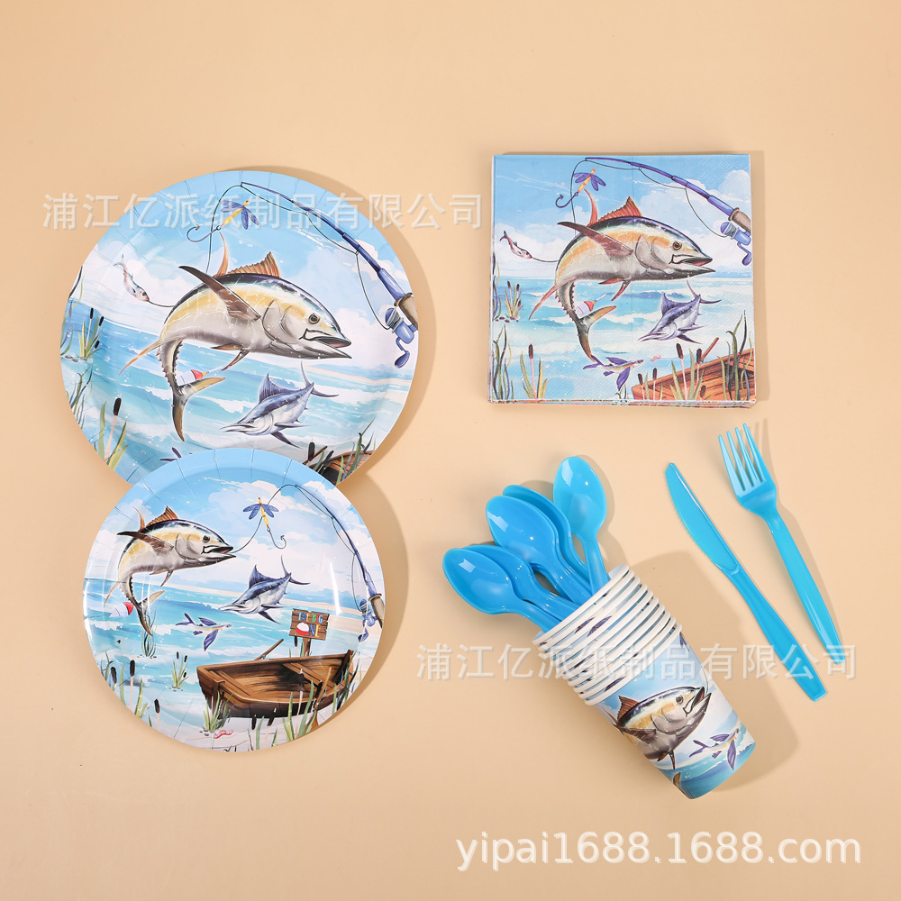 Tema de pesca gran tiburón azul fiesta set de cubiertos pesca salvaje fiesta de pesca mar toallas de mesa bandeja de papel toallas