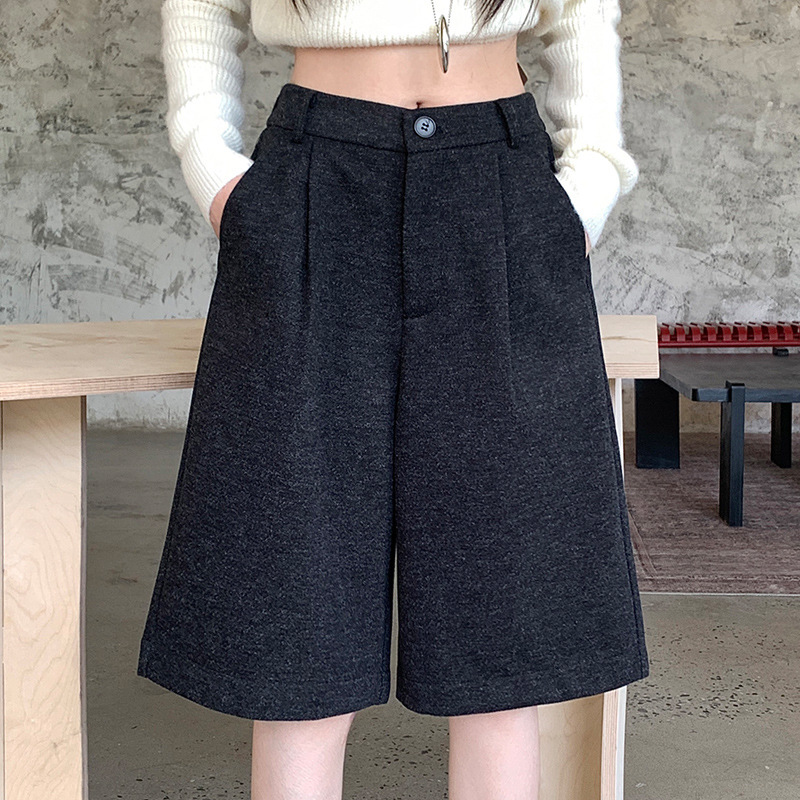 Woolen Wide-Leg Shorts for Women, Spring and Summer High-Waisted Slimming Loose Casual Pants for Tall Women, Old Money Style, Mid-Length Shorts