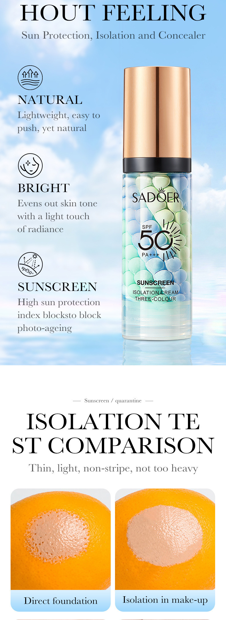 Cross-border foreign trade SADOER three-color sun protection cream uniform skin color before makeup base isolation protective cream