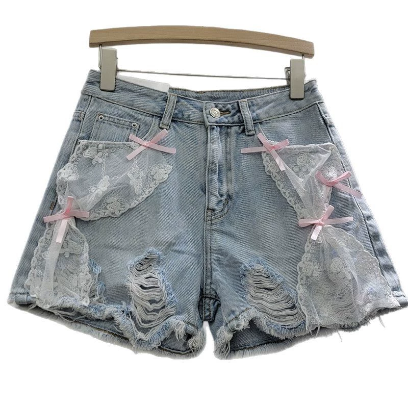 Джинсовая юбка, шорты, летние облегающие кружевные брюки с бантом, А-силуэт, свободный крой