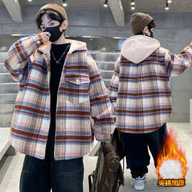 男童夹棉格子外套冬款2024新款中大童加厚韩版中长款毛呢上衣外套
