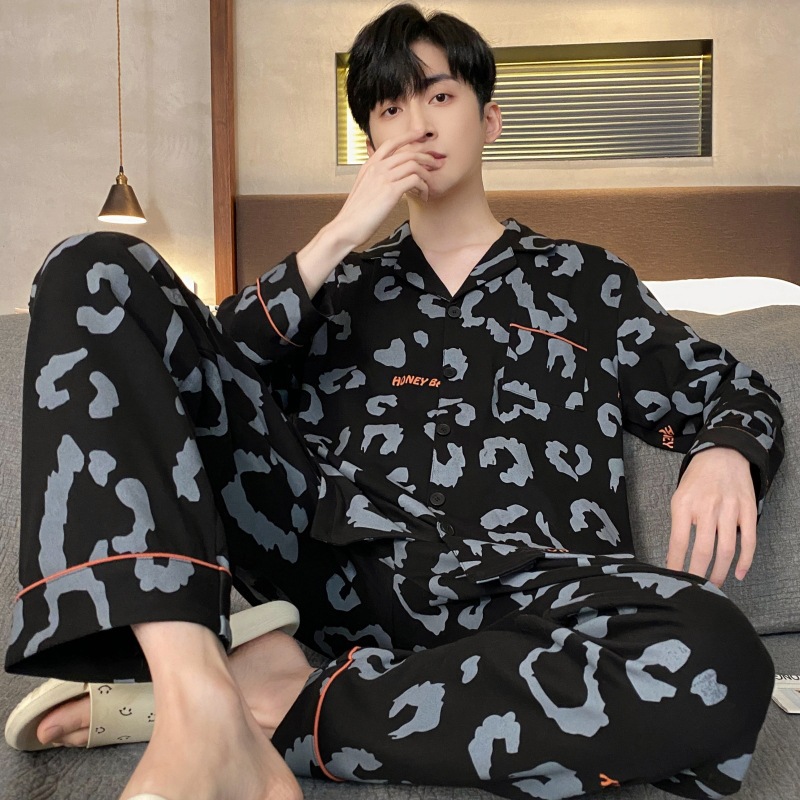 Pijamas de los hombres de primavera y otoño 100% algodón pantalones de manga larga delgada más tamaño de los hombres de alto grado traje de desgaste para el hogar