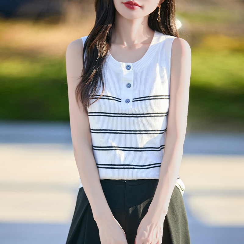 Summer New Style Curved Bead Ice Linen Silk Sweater Women's Round Neck Sleeveless Vest Women's Inner Layering Striped Foreign Trade Wholesale Summer New Style Curved Bead Ice Linen Silk Sweater Women's Round Neck Sleeveless Vest Women's Inner Layering Striped Foreign Trade Wholesale