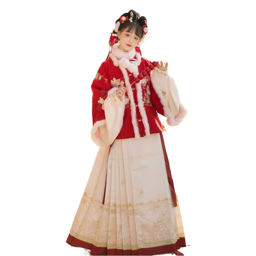 2022 Новая женская бархатная юбка с кроликом Hanfu из меха и верхом, короткая куртка с воротником-стойкой и рукавом Pipa, Повседневная осенне-зимняя подкладка на флисовой подкладке