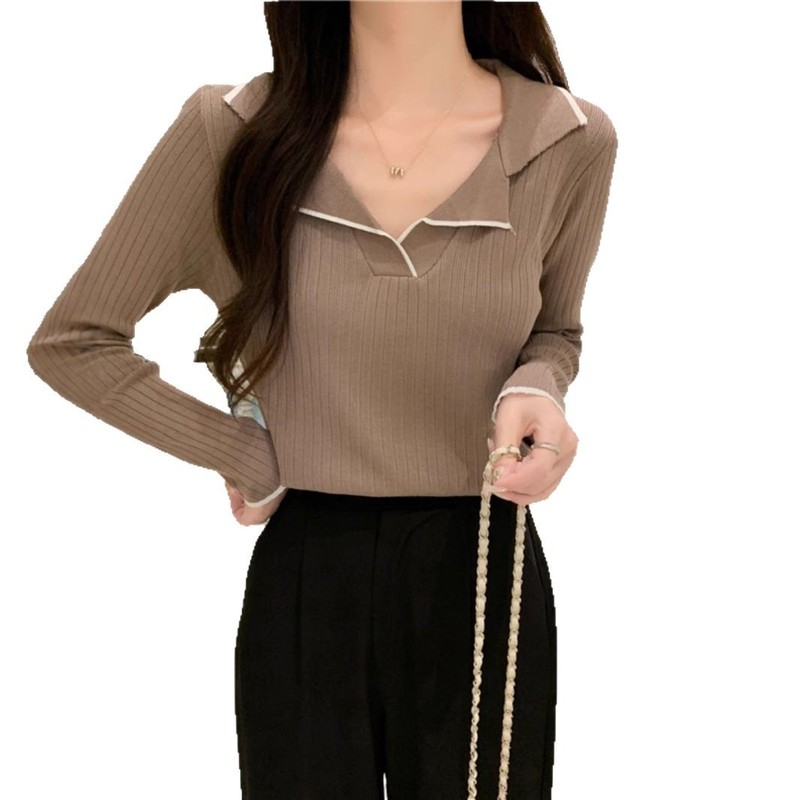 Polo襟のニットの底のシャツの女性2025春の新型の長袖のtシャツのセーターの春の服の上着の春秋の金|undefined