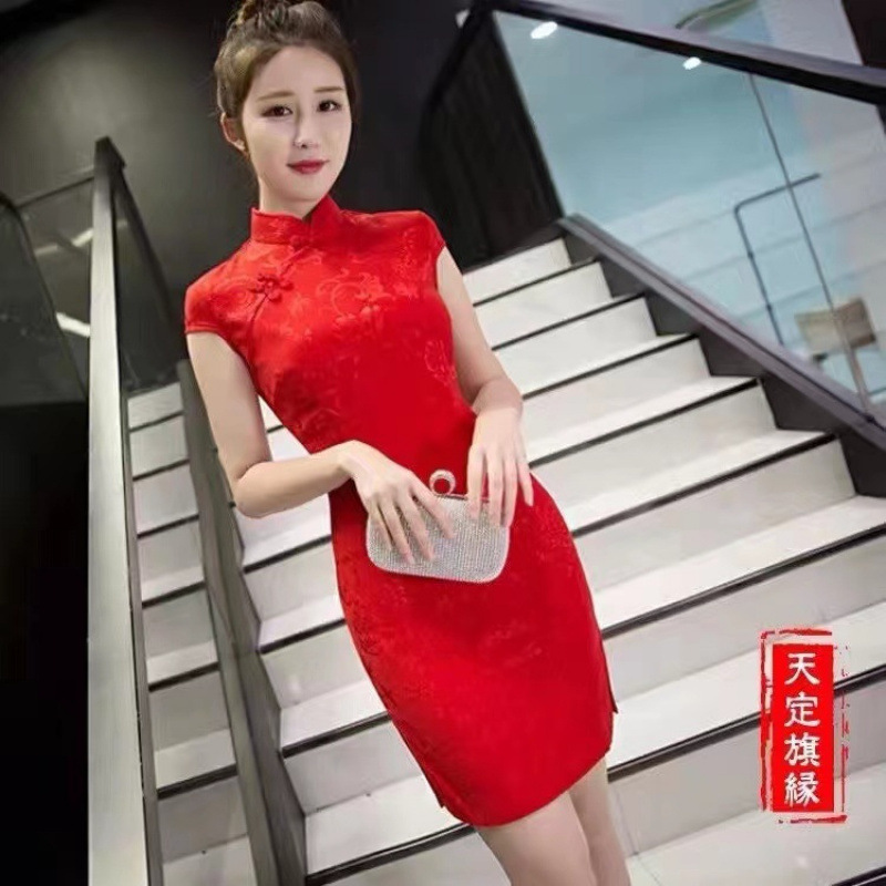 2026 New Model Banquet and Annual Meeting Dress, Mid-Length Jacquard Cotton Cheongsam, Everyday Slimming Dress, Solid Color Cheongsam