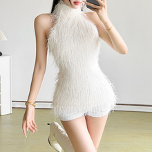 跨境欧美风2025冬季新款女装性感无袖高领羽毛流苏高级感ins上衣