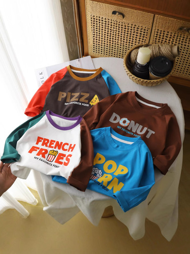 25% Cotton Long-Sleeve Boys' T-Shirt Korean Style Cartoon Color Block Base Layer Top for Young Children, Innerwear for Babies and Toddlers