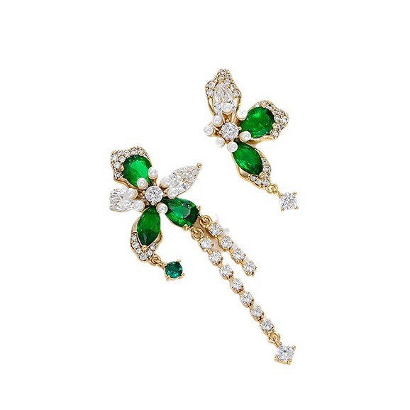 Serie de tesoros de color xuping flores dulces, pendientes asimétricas de borla, pendientes de mujer de lujo ligero y de alto nivel, pendientes de estilo pastoral