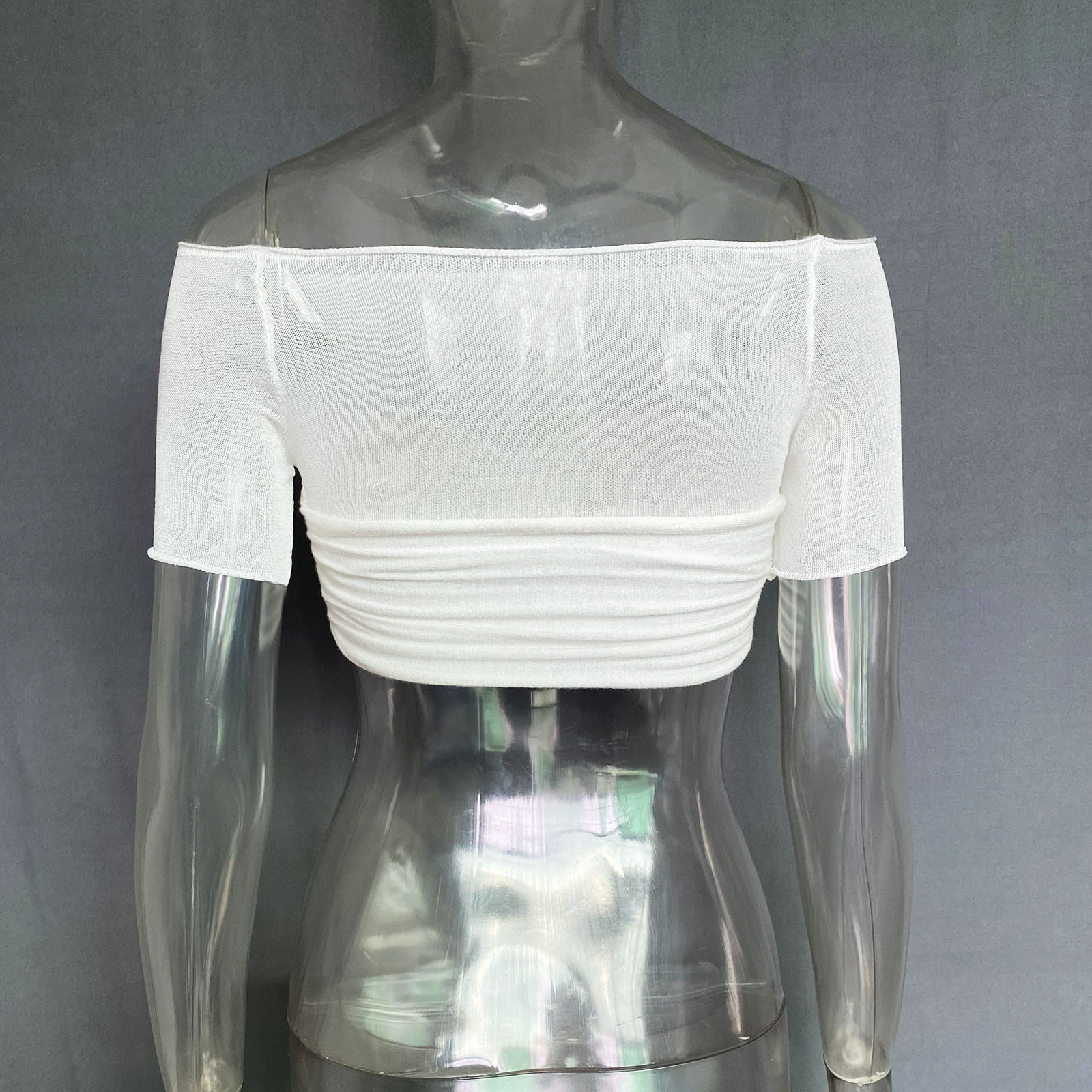 Spring Summer Women Clothes off-Shoulder Collar See Through Short Short Sleeve T Shirt