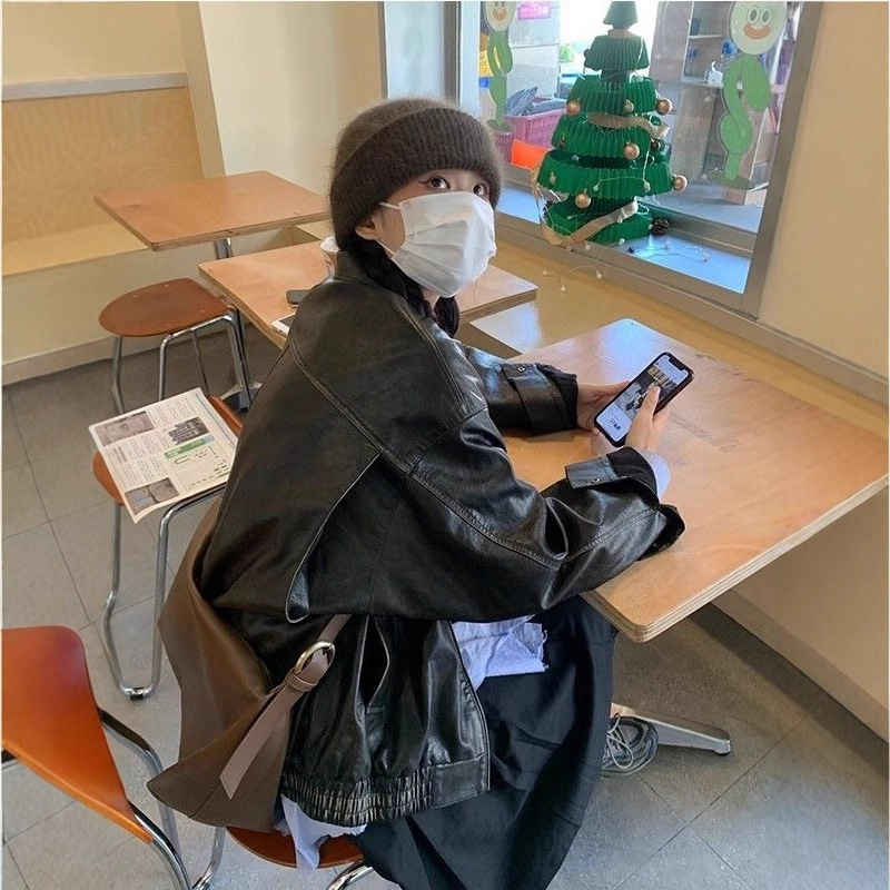 黑色港风PU外套女2025新款机车风流行设计感美式高街小个子皮衣潮|undefined