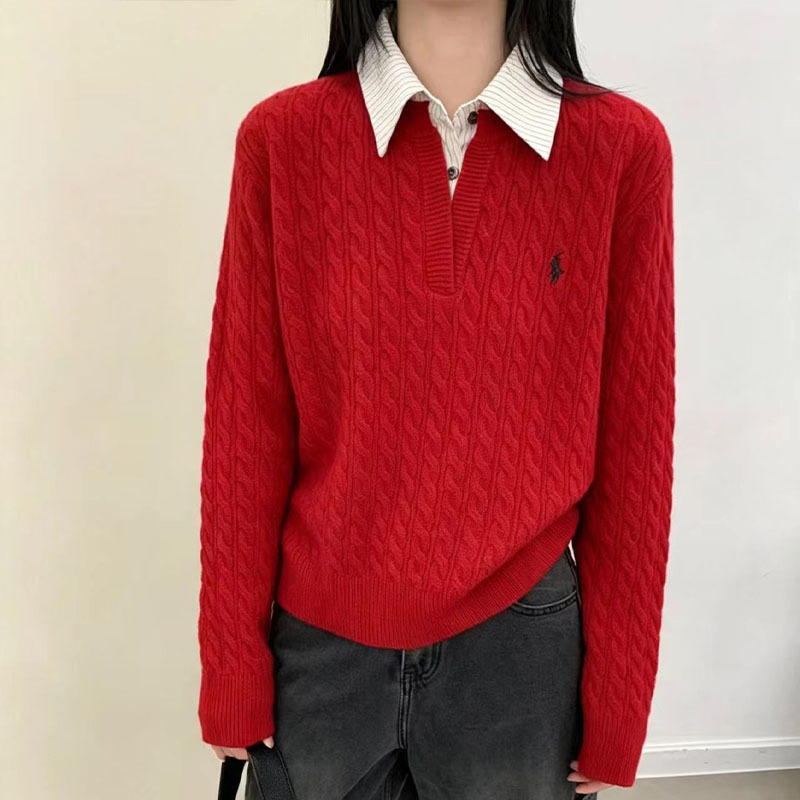 Korean-style embroidered knit sweater with a striped collar, featuring a faux two-piece design and a shirt collar, perfect for a casual, work-appropriate look