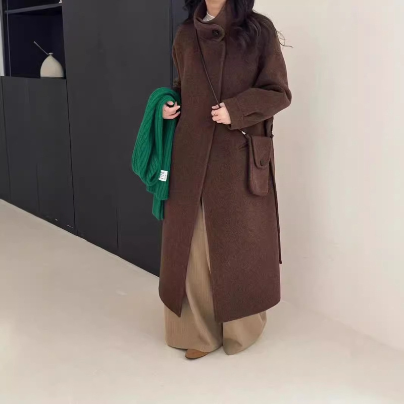 Complimentary Crossbody Small Bag Design Vertical Collar Double-sided Wool Coat Age-reducing Mid-length Women's Slim-fit Wool Coat