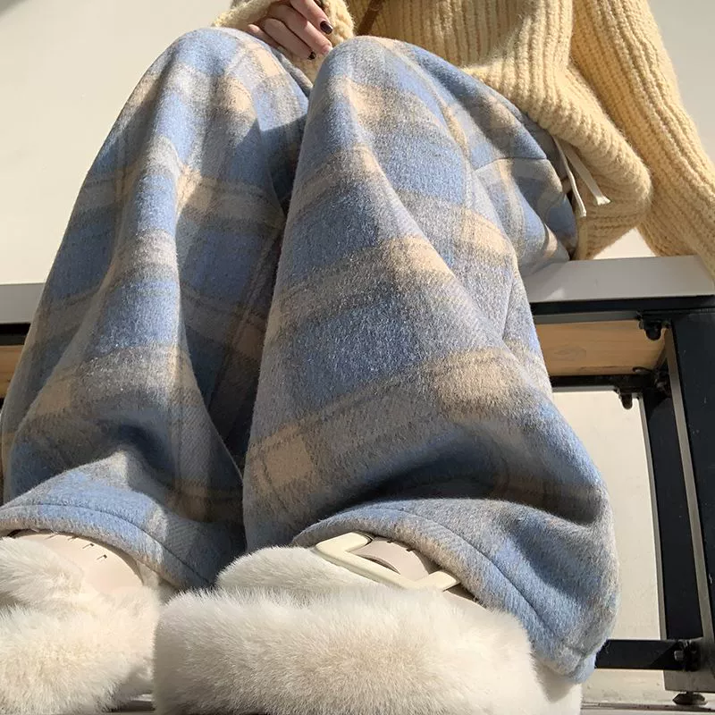 2024 Осень и зима новый стиль с высокой талией, цвет карри плюс бархатные клетчатые брюки женские прямые американские шерстяные повседневные широкие брюки