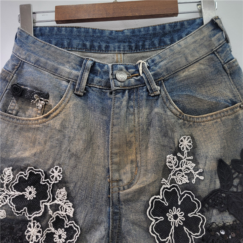 Pantalones Cortos de Mezclilla con Encaje e Impresión de Talle Alto Línea A para Verano