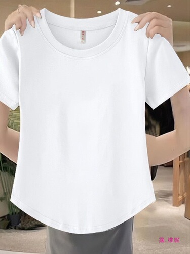 Cotton short-sleeved loose round neck base curved T-shirt summer new style hem slimming straight shoulder top for women