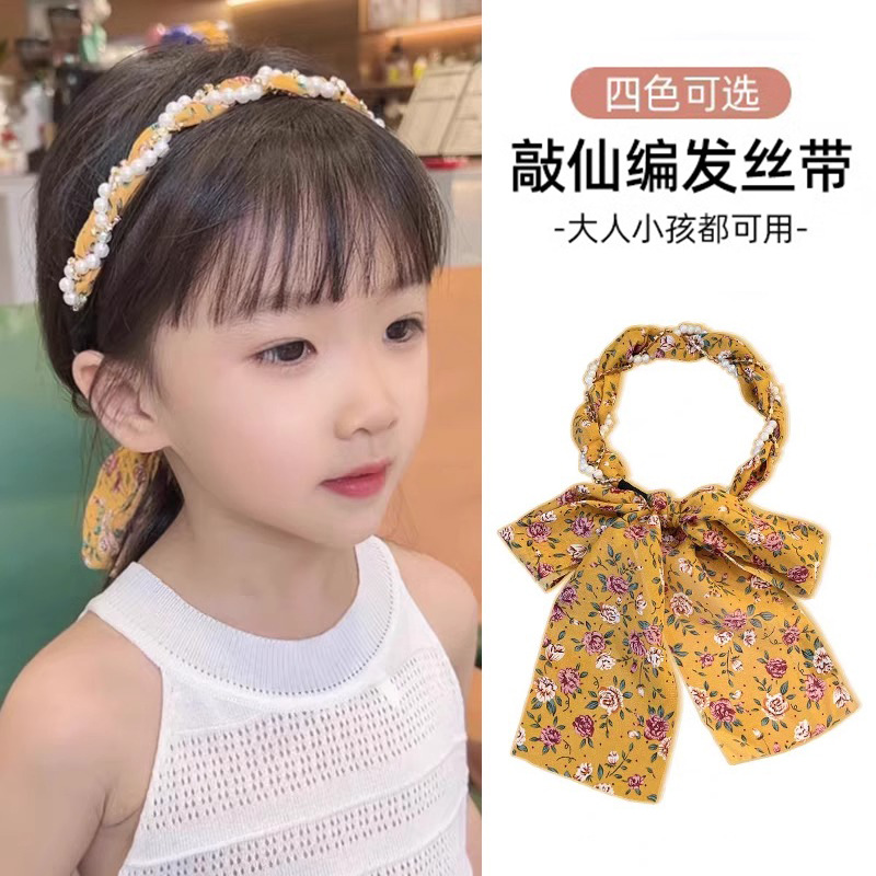 Niños super inmortal tejido bufandas de seda flotantes flores flotantes un cabello de cola de caballo atar cinta de cabello cabeza de cuerda de perla cabeza de cuerda de cabello