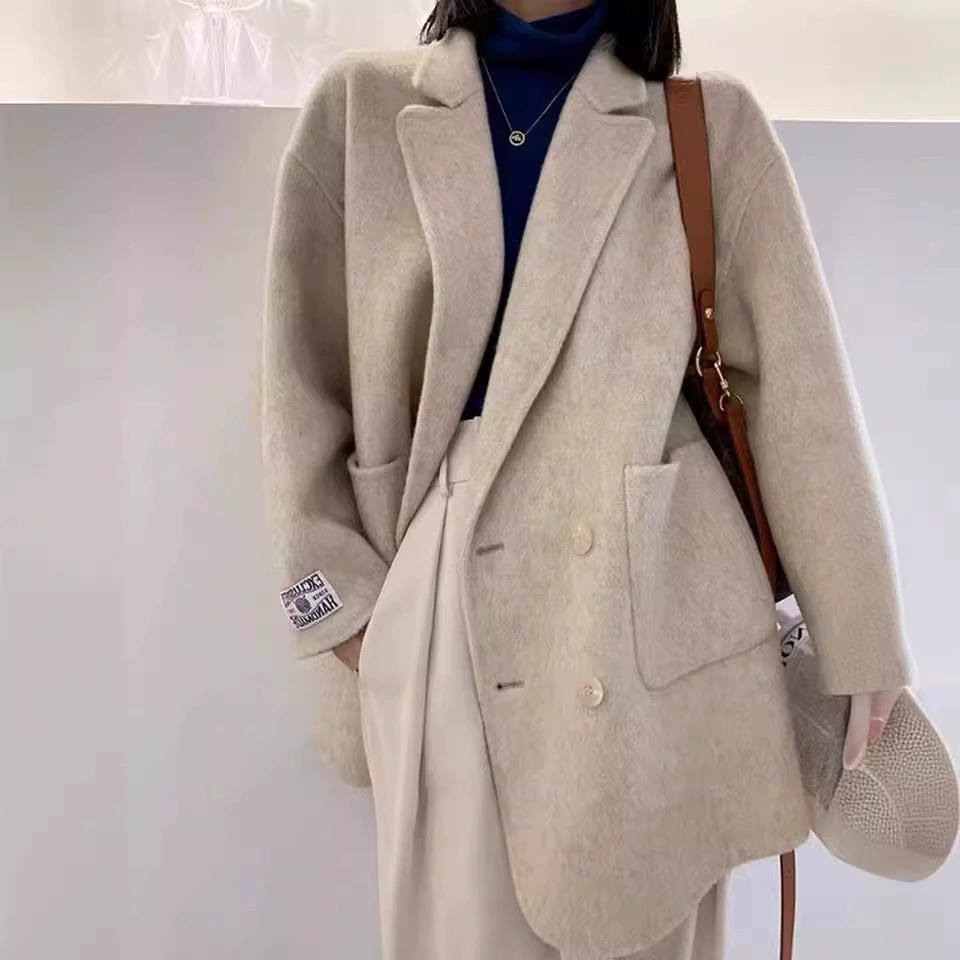 Женский двусторонний кашемировый пиджак 2025 года, серый, осенне-зимний, свободный шерстяной жакет, модный повседневный стиль