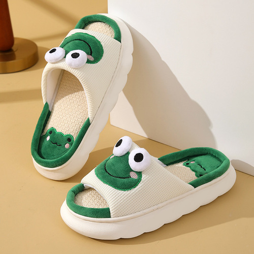Boys and girls all seasons cute frog home linen slippers for men and women couples indoor non-slip thick-soled sandals and slippers