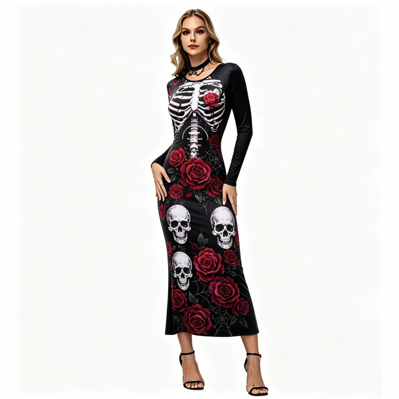 2026 European and American Halloween Skull Print Dress for Women, Slim Fit Long Sleeve Bodycon Dress for Party and Cosplay Performance 2026 European and American Halloween Skull Print Dress for Women, Slim Fit Long Sleeve Bodycon Dress for Party and Cosplay Performance