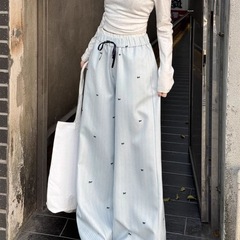春夏新作韓国系ブルーストライプ蝶結びワイドパンツ女性学院風ハイウエストストレートカジュアルゆったり長ズボン