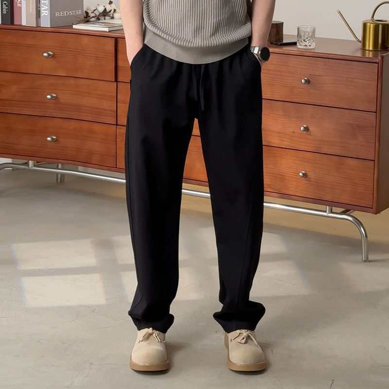Pantalon de survêtement homme, couleur unie délavée, coupe ample, jambes larges, ourlet arrondi, longueur au sol, taille mi-haute, polyester, style printemps_voghion.com