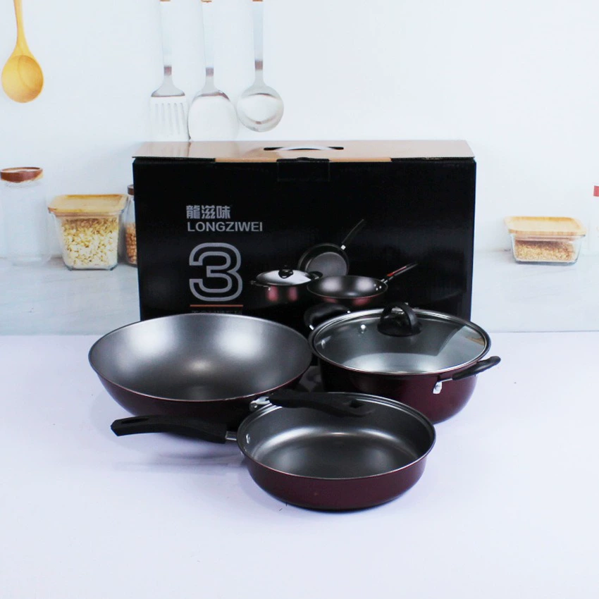 龙滋味 Three-piece pot set household wok non-stick pot kitchen utensils pot set 4S opening gifts wholesale