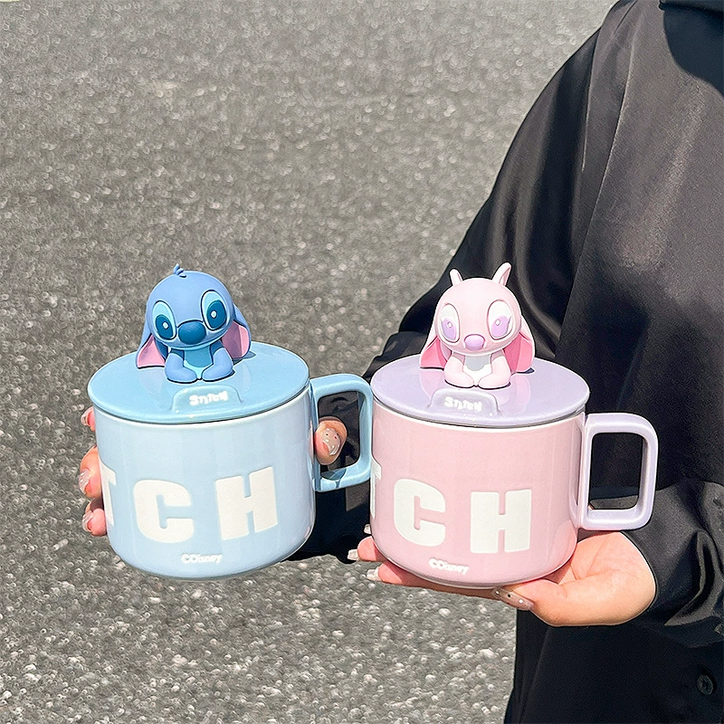 Керамическая кружка (Stitch) 450 мл с крышкой и подарочной коробкой, милая пара кофе